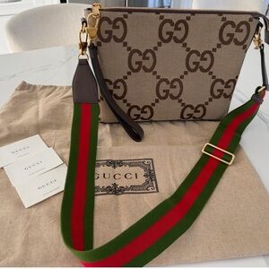 Gucci Beige GG Supreme Canvas Crossbody with Green and Red Web Strap